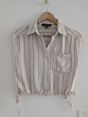 Ellen Tracy Linen Cream and Black Striped Sleeveless Button-Down Top
